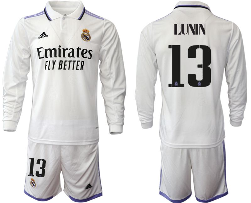 Men 2022-2023 Club Real Madrid home long sleeve white #13 Soccer Jersey->youth soccer jersey->Youth Jersey
